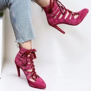 NEW CHRISTIAN LOUBOUTIN Spinetita Loulou Pink Lace-Up Booties Size EU36.5